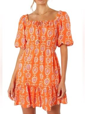 Petal & Pup Orange Printed Square-Neck Puff-Sleeve Carmen Mini Dress New size 8